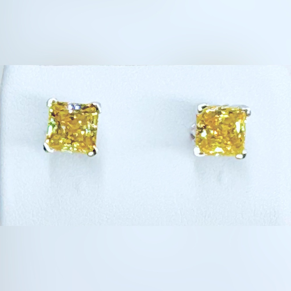 Sterling Silver and Canary Yellow Princess Cut Stud Earrings